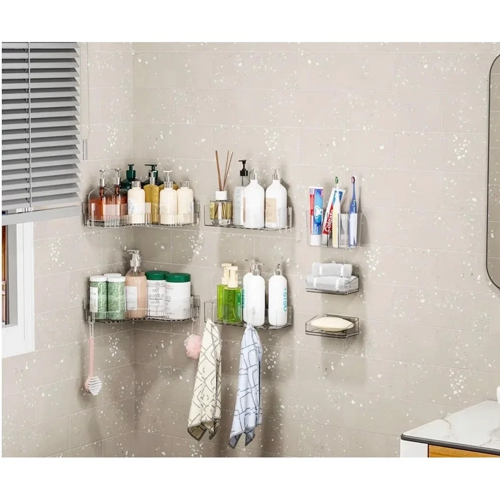 7 Piece Clear Shower Caddy Set Adhesive Wall Mount Bathroom Organizer‎